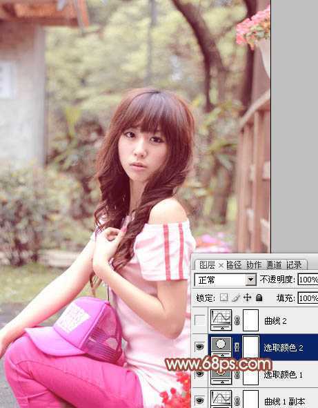 ‘Photoshop为花坛边美女图片增加朦胧小清新的淡调红褐色‘