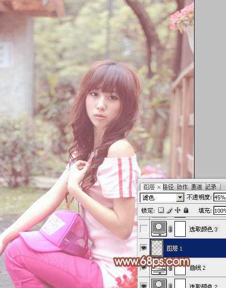 ‘Photoshop为花坛边美女图片增加朦胧小清新的淡调红褐色‘