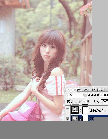 ‘Photoshop为花坛边美女图片增加朦胧小清新的淡调红褐色‘