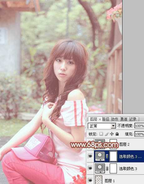 ‘Photoshop为花坛边美女图片增加朦胧小清新的淡调红褐色‘