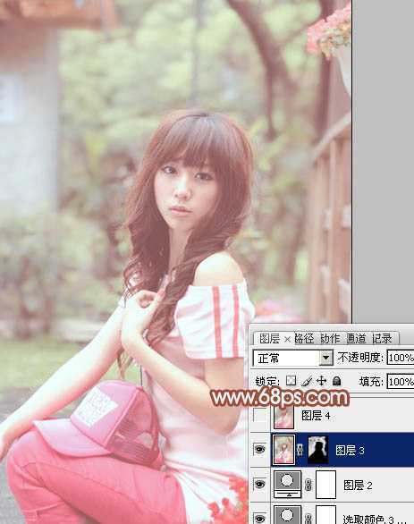 ‘Photoshop为花坛边美女图片增加朦胧小清新的淡调红褐色‘