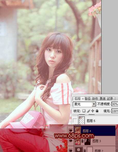 ‘Photoshop为花坛边美女图片增加朦胧小清新的淡调红褐色‘