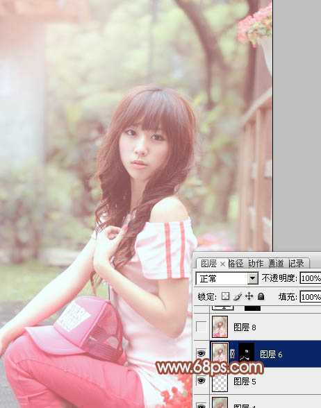 ‘Photoshop为花坛边美女图片增加朦胧小清新的淡调红褐色‘