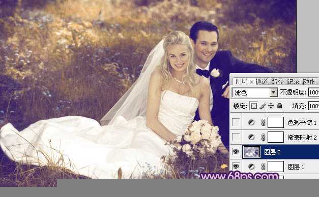 ‘Photoshop将外景婚片调成淡淡的紫红色‘