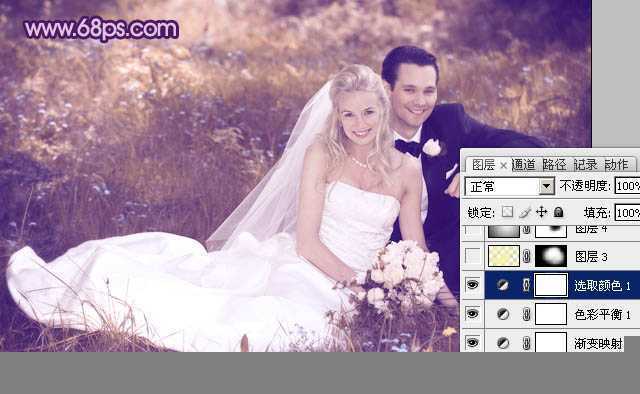 ‘Photoshop将外景婚片调成淡淡的紫红色‘