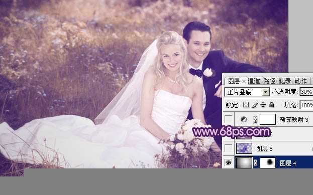 ‘Photoshop将外景婚片调成淡淡的紫红色‘