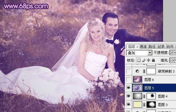 ‘Photoshop将外景婚片调成淡淡的紫红色‘