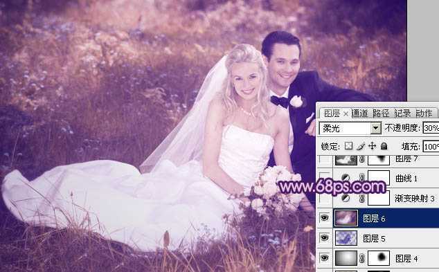‘Photoshop将外景婚片调成淡淡的紫红色‘