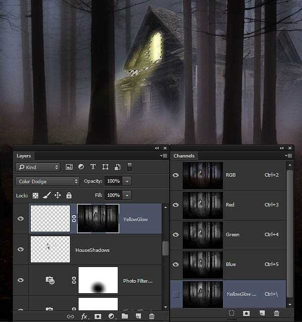 ‘PS合成制作幽暗森林中发光的鬼屋‘