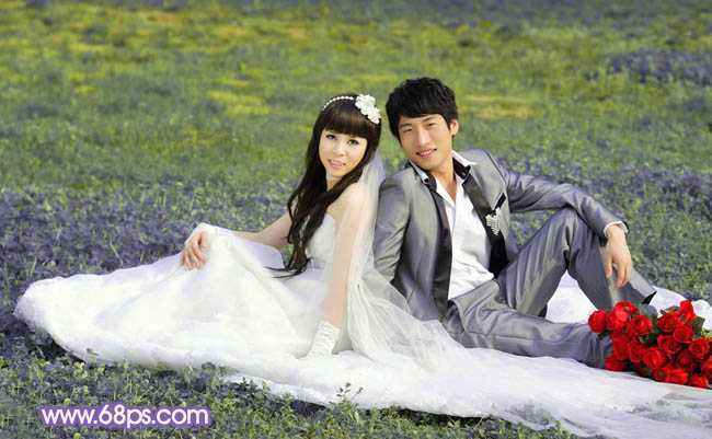 ‘Photoshop将青绿的外景婚片调成柔美的淡紫色‘