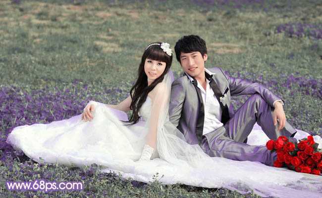 ‘Photoshop将青绿的外景婚片调成柔美的淡紫色‘