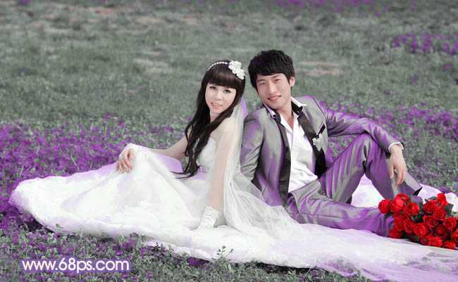 ‘Photoshop将青绿的外景婚片调成柔美的淡紫色‘