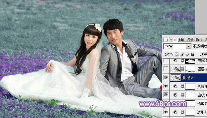 ‘Photoshop将青绿的外景婚片调成柔美的淡紫色‘