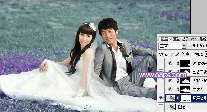 ‘Photoshop将青绿的外景婚片调成柔美的淡紫色‘