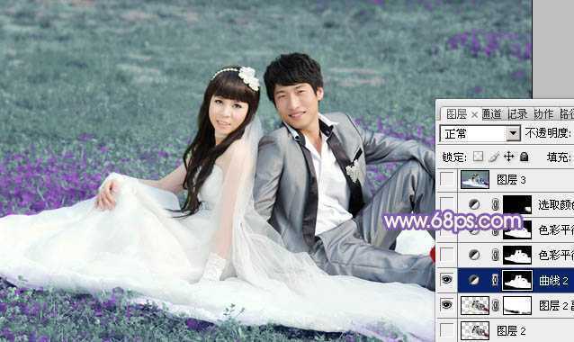 ‘Photoshop将青绿的外景婚片调成柔美的淡紫色‘