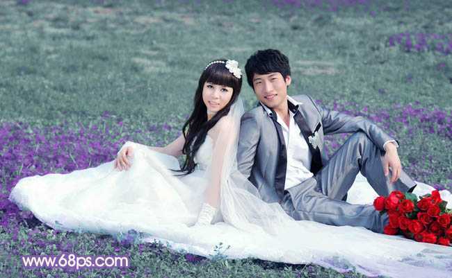 ‘Photoshop将青绿的外景婚片调成柔美的淡紫色‘
