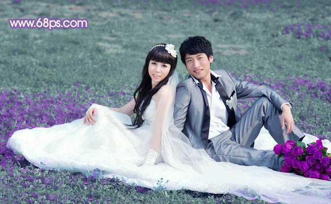 ‘Photoshop将青绿的外景婚片调成柔美的淡紫色‘
