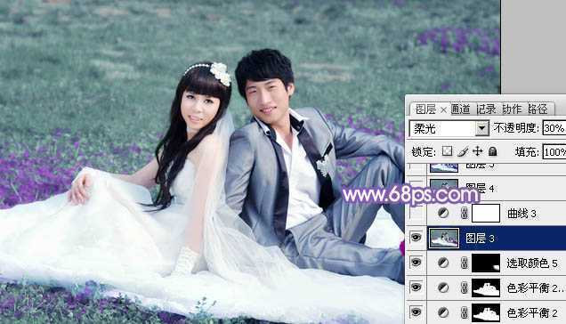 ‘Photoshop将青绿的外景婚片调成柔美的淡紫色‘