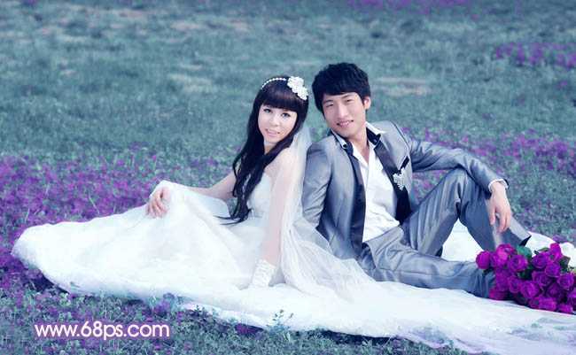 ‘Photoshop将青绿的外景婚片调成柔美的淡紫色‘
