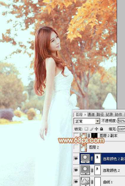 ‘Photoshop为外景美女图片打造清爽的秋季橙红色‘