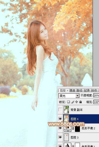 ‘Photoshop为外景美女图片打造清爽的秋季橙红色‘