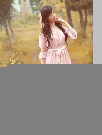 ‘Photoshop为树林美女图片调制出柔和的淡黄早秋色‘