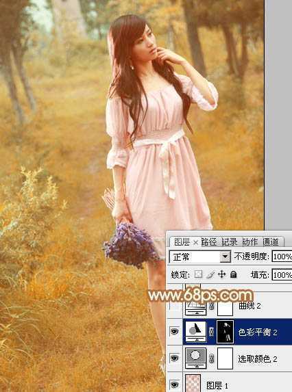 ‘Photoshop为树林美女图片调制出柔和的淡黄早秋色‘
