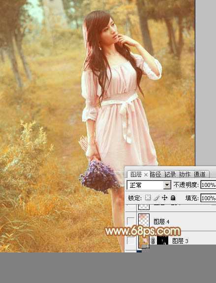 ‘Photoshop为树林美女图片调制出柔和的淡黄早秋色‘