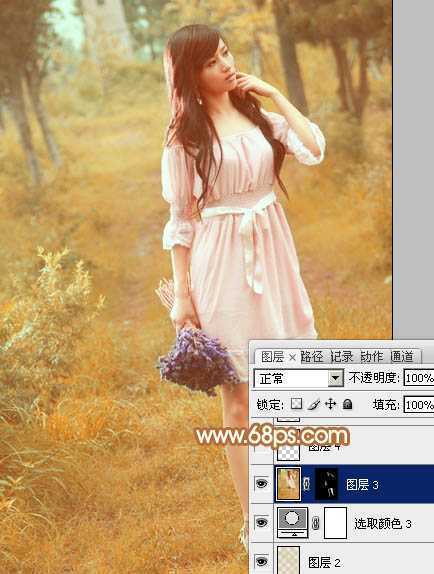 ‘Photoshop为树林美女图片调制出柔和的淡黄早秋色‘