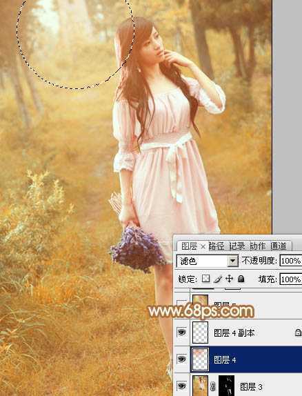 ‘Photoshop为树林美女图片调制出柔和的淡黄早秋色‘