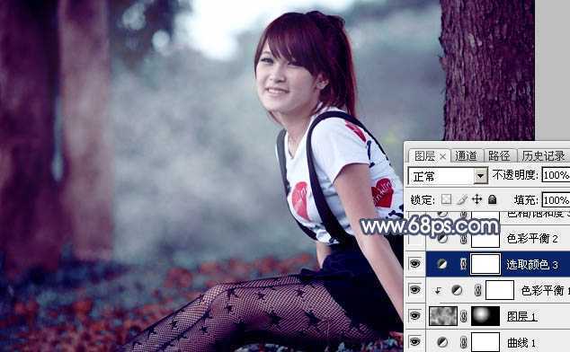 ‘Photoshop调出暗调蓝红色树林美女图片‘