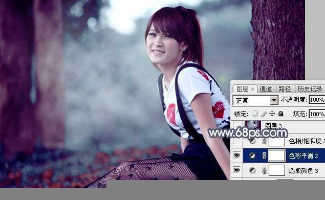 ‘Photoshop调出暗调蓝红色树林美女图片‘