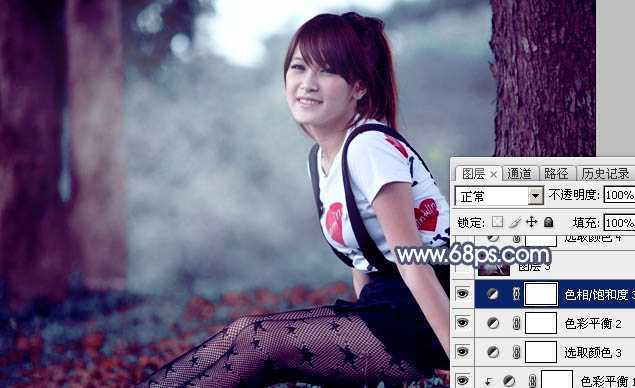 ‘Photoshop调出暗调蓝红色树林美女图片‘
