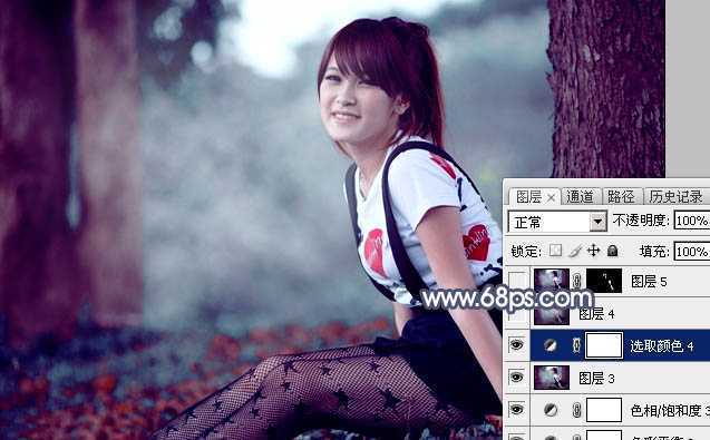 ‘Photoshop调出暗调蓝红色树林美女图片‘
