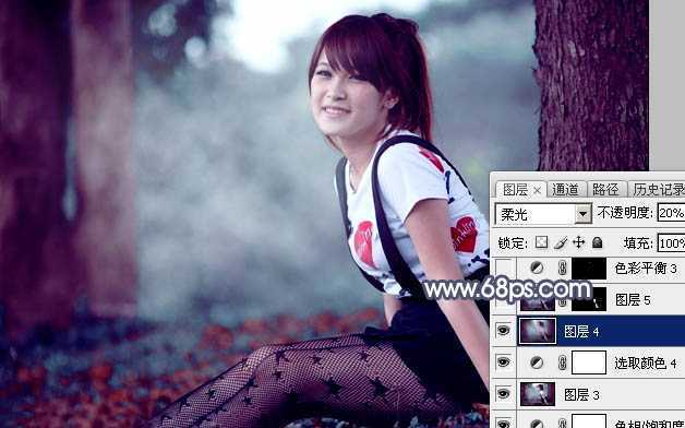 ‘Photoshop调出暗调蓝红色树林美女图片‘
