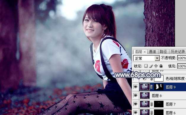 ‘Photoshop调出暗调蓝红色树林美女图片‘