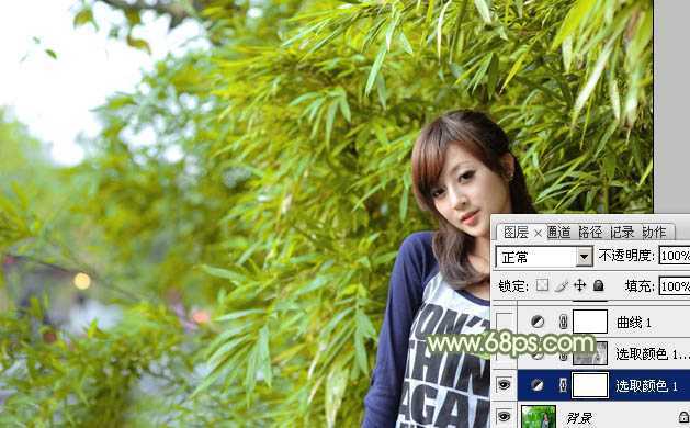 ‘Photoshop为竹林边的美女加上甜美的淡调黄绿色‘