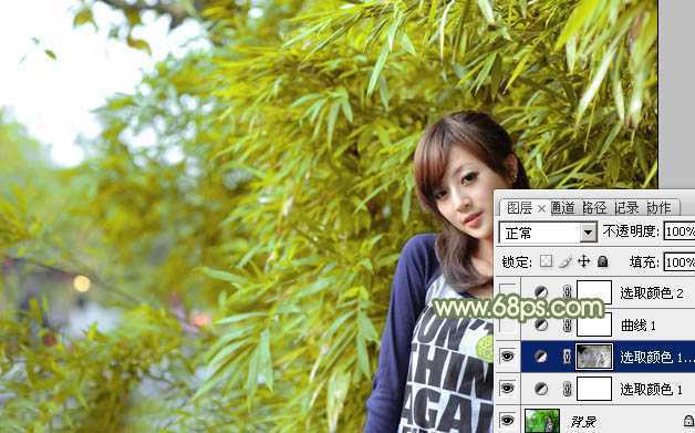 ‘Photoshop为竹林边的美女加上甜美的淡调黄绿色‘