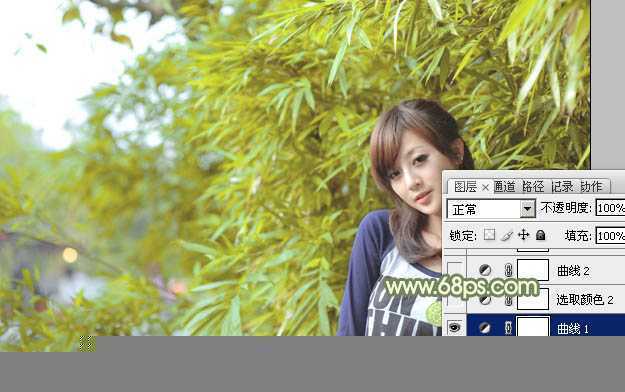 ‘Photoshop为竹林边的美女加上甜美的淡调黄绿色‘