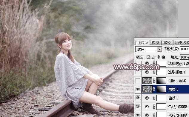 ‘Photoshop调制出唯美的中性淡粉蓝色铁轨美女图片‘