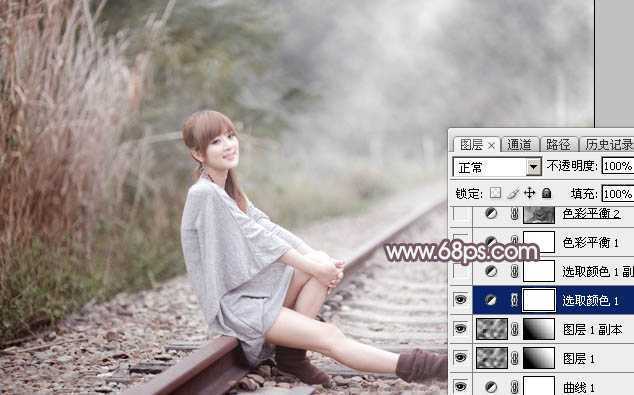 ‘Photoshop调制出唯美的中性淡粉蓝色铁轨美女图片‘