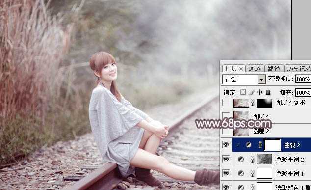 ‘Photoshop调制出唯美的中性淡粉蓝色铁轨美女图片‘
