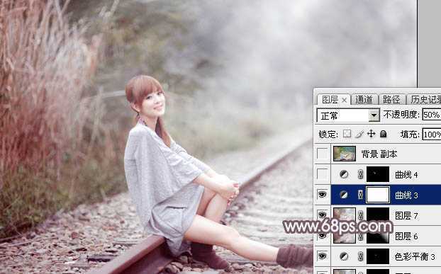 ‘Photoshop调制出唯美的中性淡粉蓝色铁轨美女图片‘