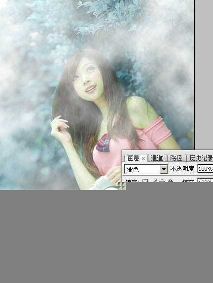 ‘Photoshop为树林美女图片调制出唯美的淡蓝色云彩效果‘