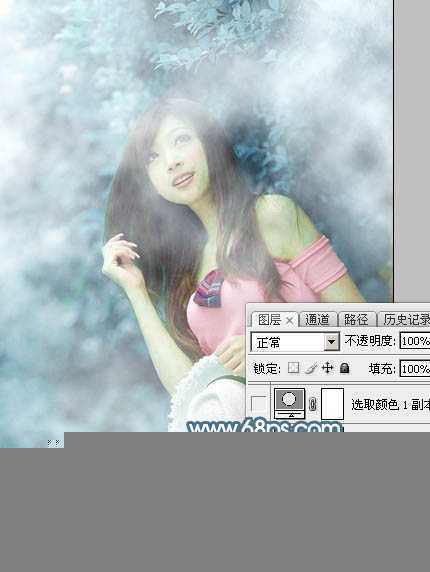 ‘Photoshop为树林美女图片调制出唯美的淡蓝色云彩效果‘