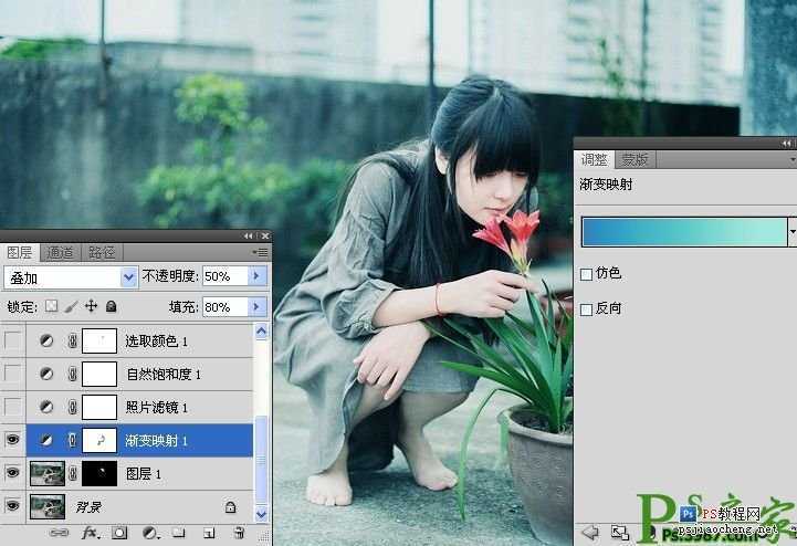 ‘PS将美女图片调出淡绿色意境效果‘