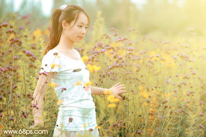 ‘Photoshop为野花中的美女打造出唯美的粉黄色‘