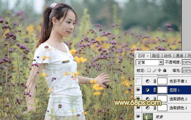 ‘Photoshop为野花中的美女打造出唯美的粉黄色‘