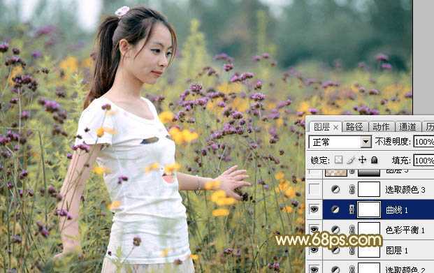 ‘Photoshop为野花中的美女打造出唯美的粉黄色‘