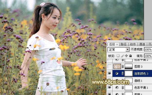 ‘Photoshop为野花中的美女打造出唯美的粉黄色‘